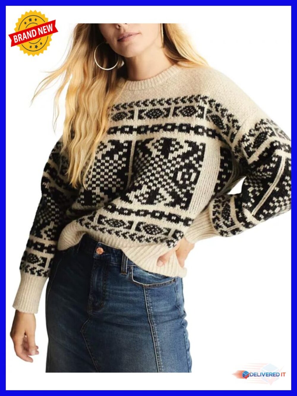 Chunky Crochet Knitted Pullover Sweater Long Sleeve Loose Cable Knit Fair Isle